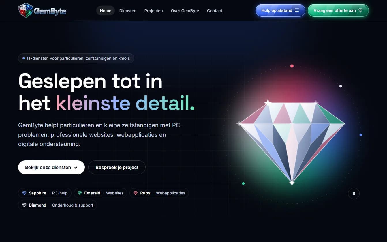 Homepage van de GemByte-website met de slogan 'Geslepen tot in het kleinste detail.'