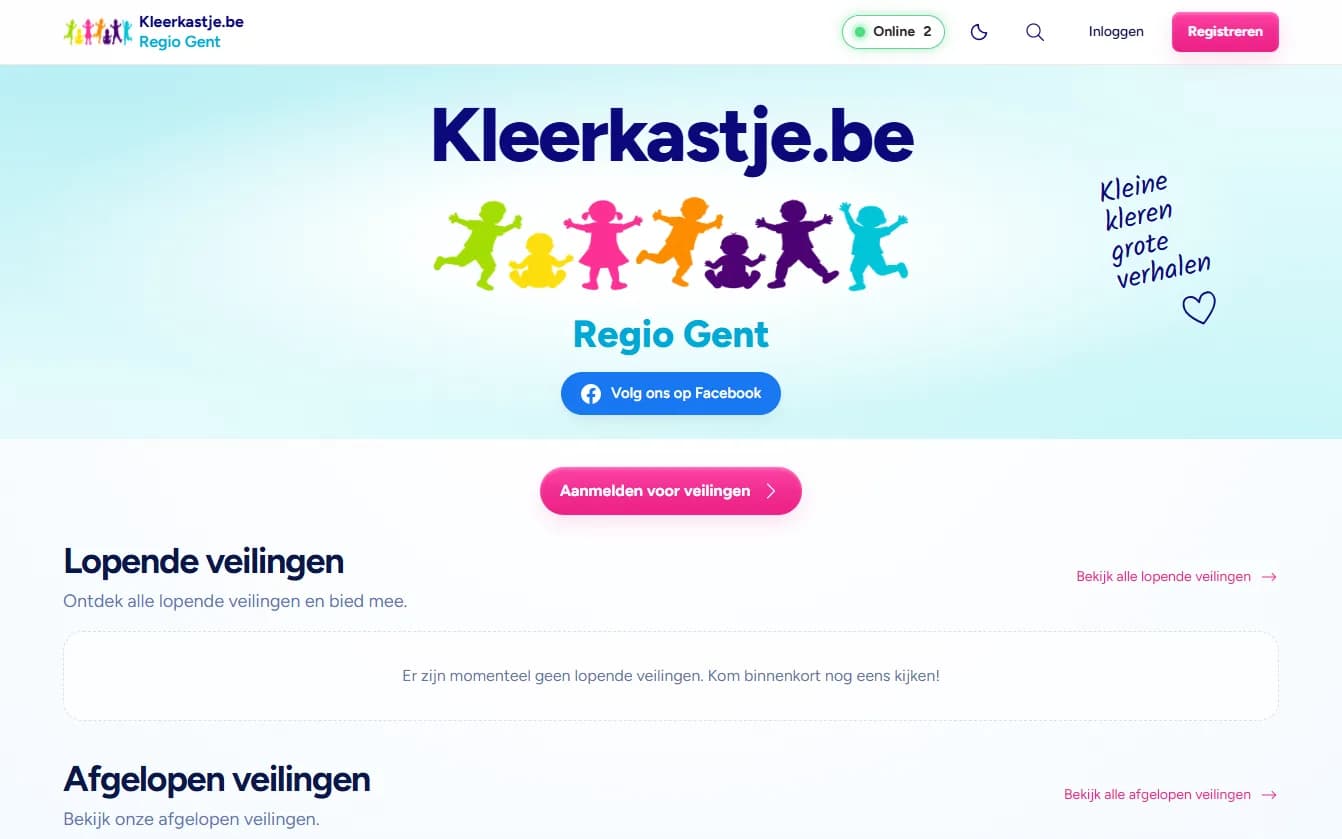 Startpagina van Kleerkastje.be met het logo, de kleurrijke kinderen en de knop 'Aanmelden voor veilingen'